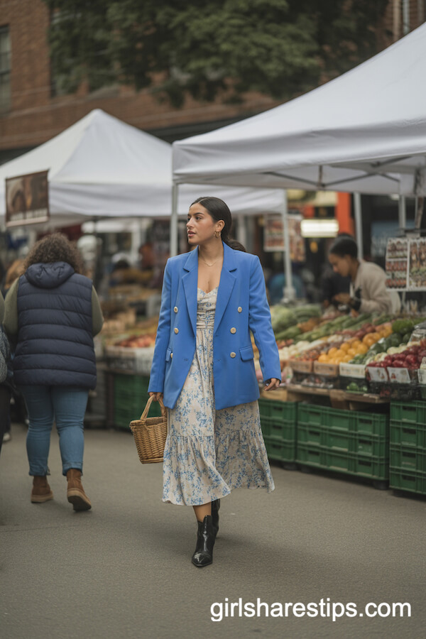 Blue Blazer Layered Over Floral Midi Dress: Chic Farmer’s Market Style