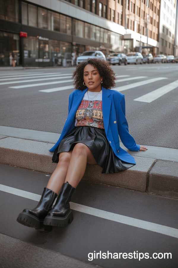 Blue Blazer with Graphic Tee and Black Mini Skirt: Edgy City Steps Outfit