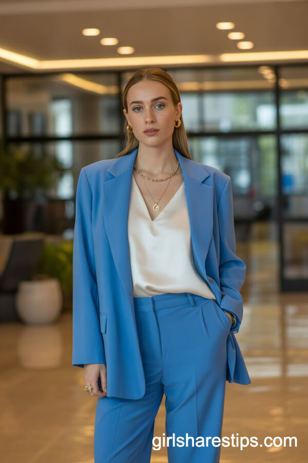 Blue Blazer Suit with White Blouse: Polished Office Outfit Idea