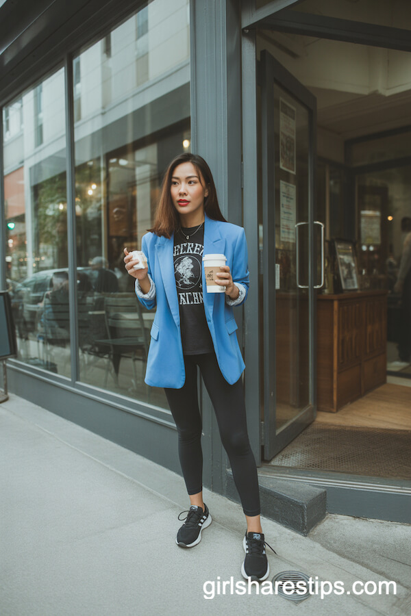 Blue Blazer with Black Leggings and Graphic Tee: Casual Café Vibes