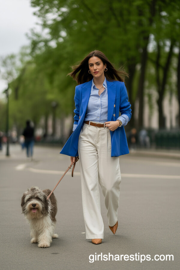 Blue Blazer with Striped Shirt and White Wide-Leg Trousers: Dog-Walking in Style