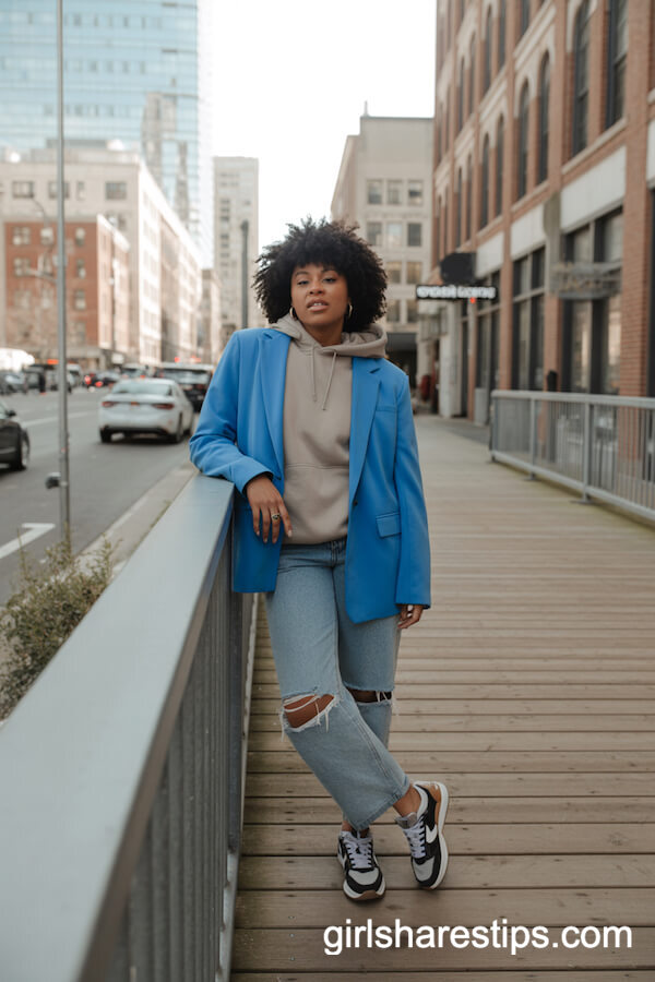 Blue Blazer Layered Over Hoodie and Ripped Jeans: Trendy Arts District Look