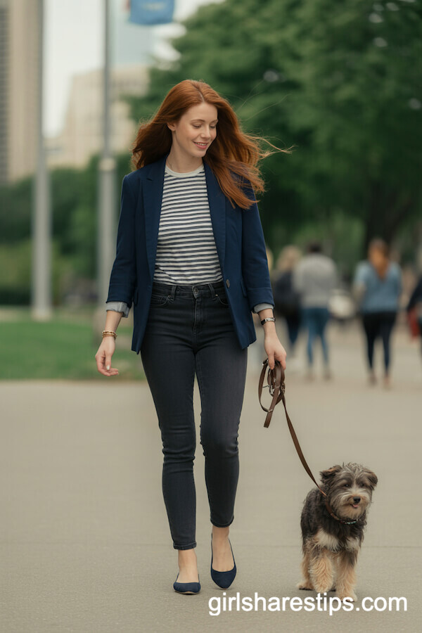 Navy Blazer with Striped Tee and Skinny Jeans: Casual Urban Dog-Walking Outfit