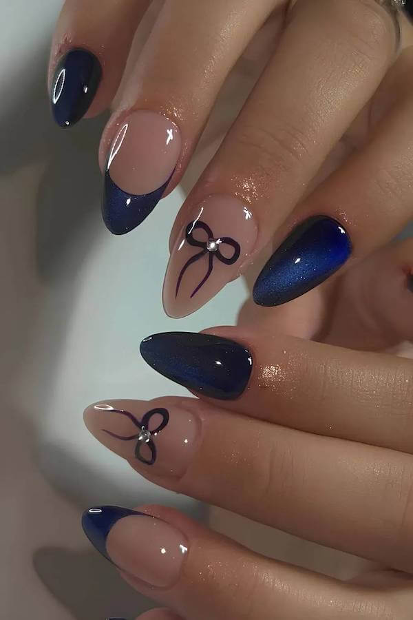 Blue French Cat Eye Nails with Bow Accents