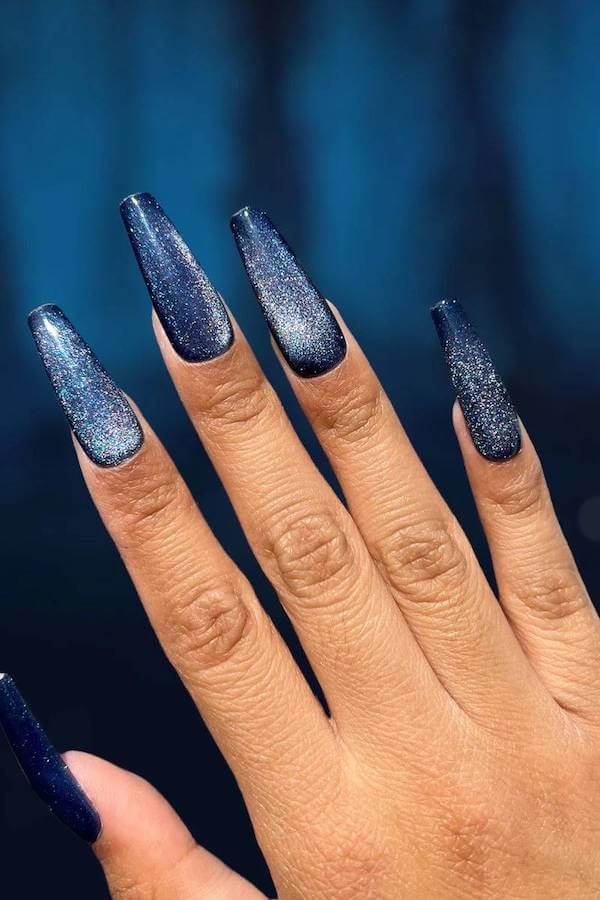 Blue Cat Eye Coffin Nails with Glitter