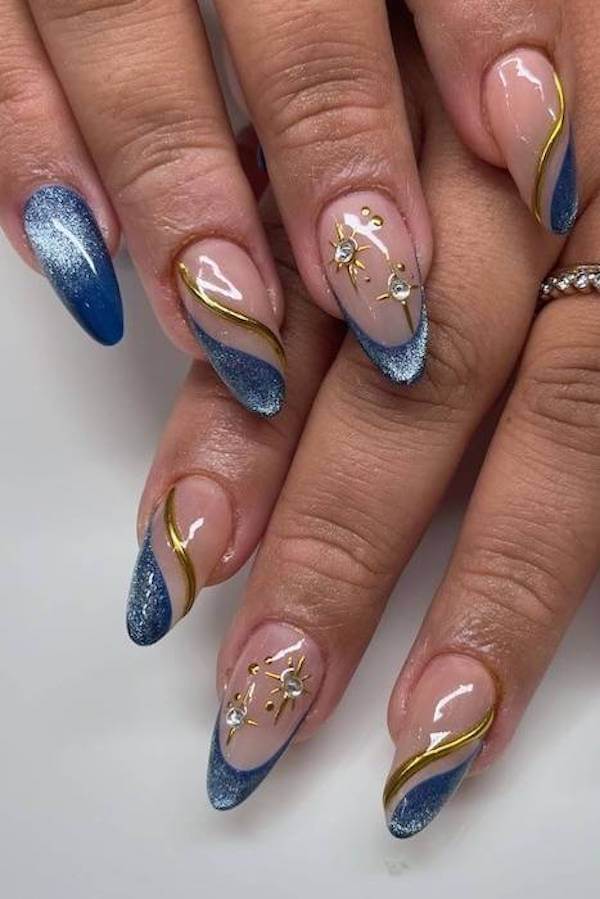 Blue and Gold Swirl Cat Eye Nails