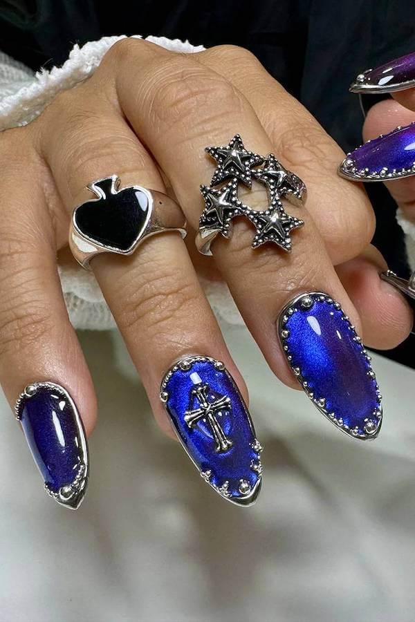 Metallic Blue Cat Eye Nails with Studs