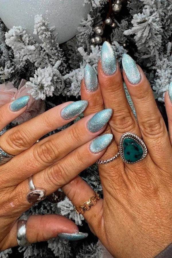 Light Blue Glitter Cat Eye Nails