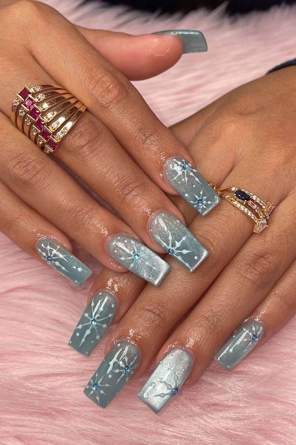 Silver Blue Cat Eye Nails with Star Accents