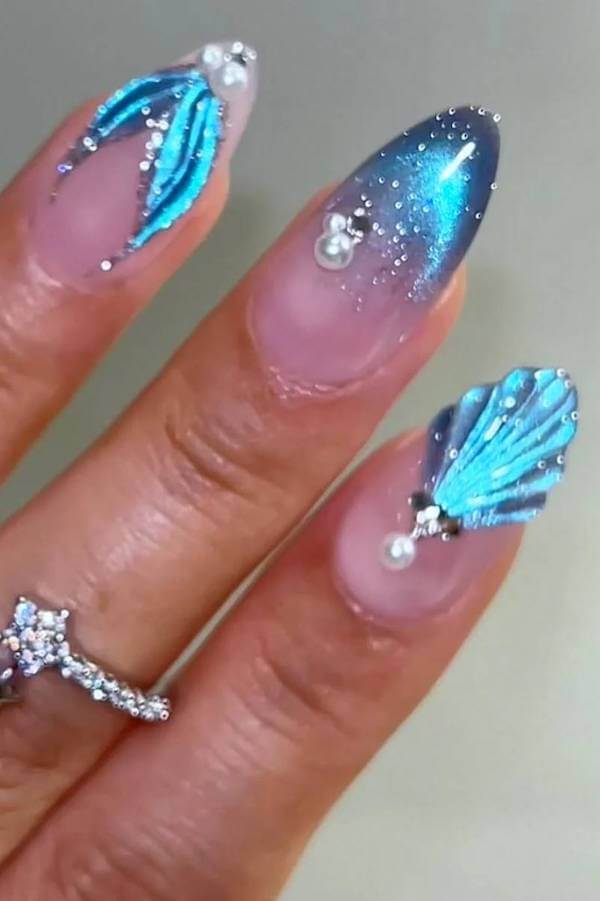 Blue Cat Eye Nails with 3D Mermaid Shells