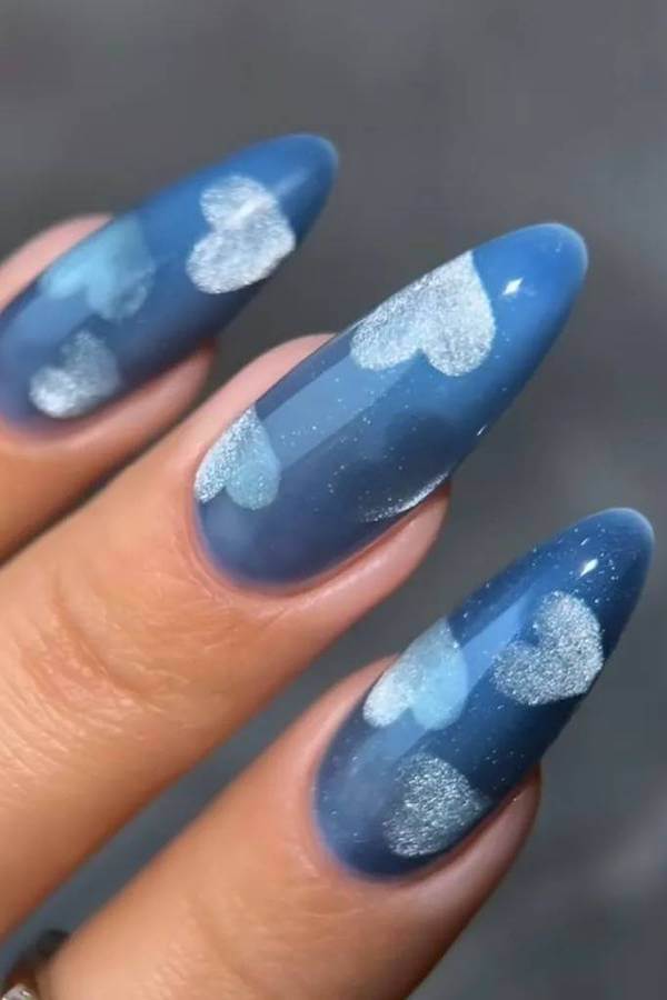 Blue Cat Eye Nails with Silver Hearts
