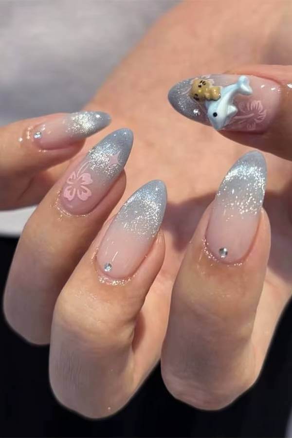 Silver Blue Cat Eye Nails with Floral Accents