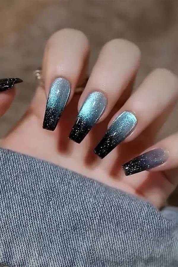 Blue and Black Ombre Cat Eye Nails