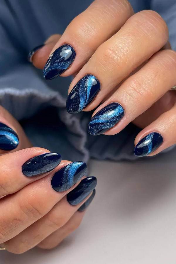 Midnight Blue Cat Eye Swirl Nails