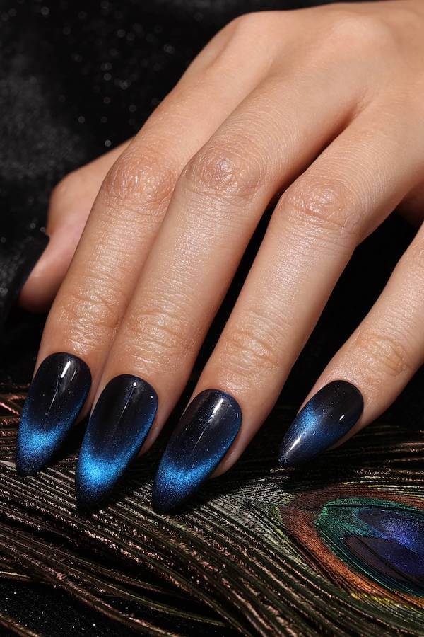 Midnight Blue Cat Eye Ombre Nails