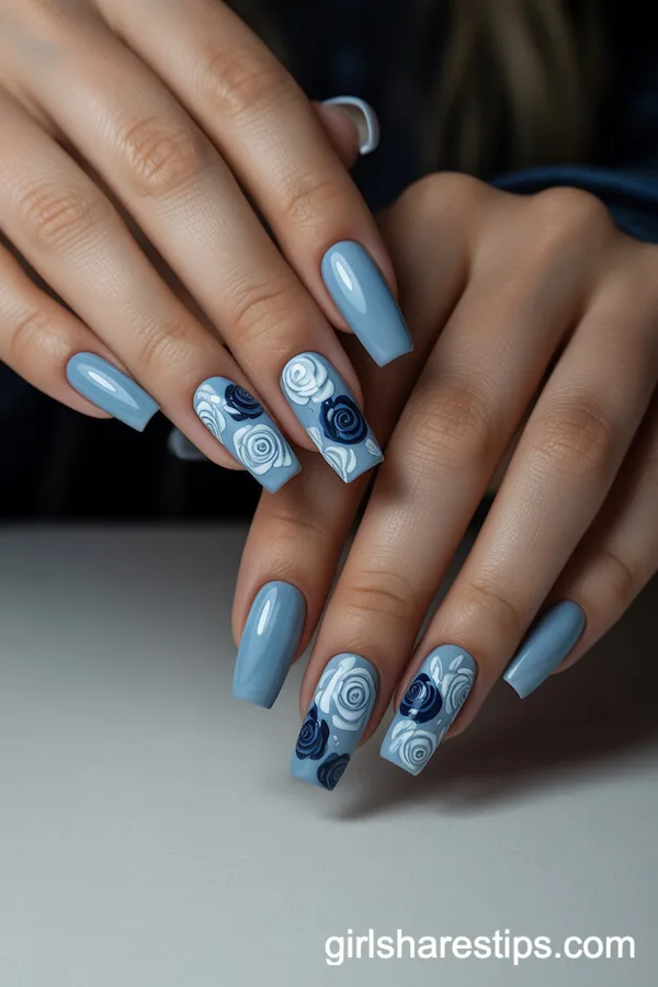 Soft Blue Coffin Nails with Intricate White and Navy Blue Roses