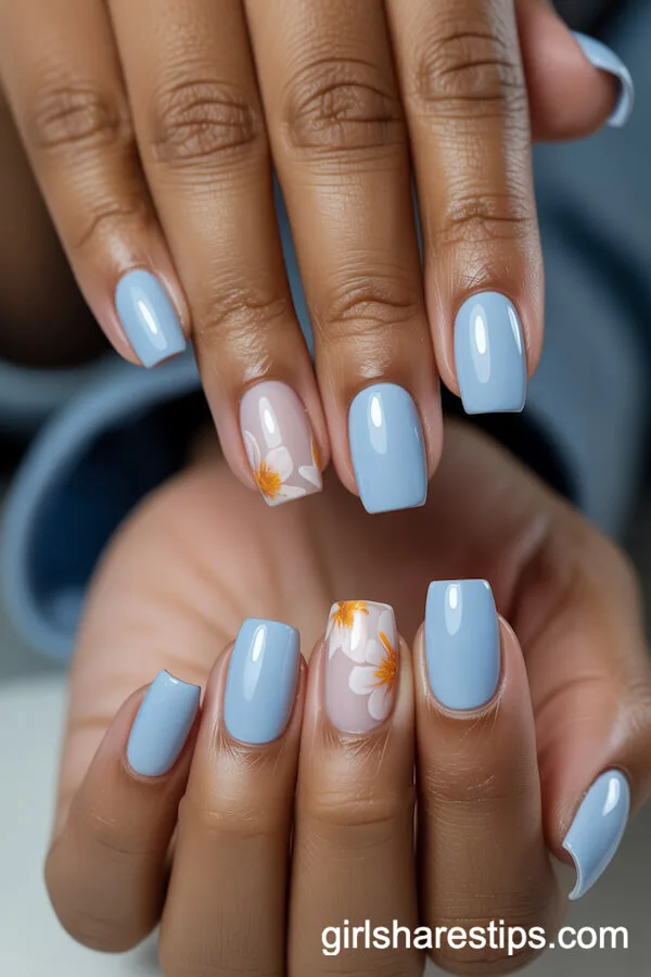 Light Blue Short Square Press-On Nails with Marigold Floral Designs
