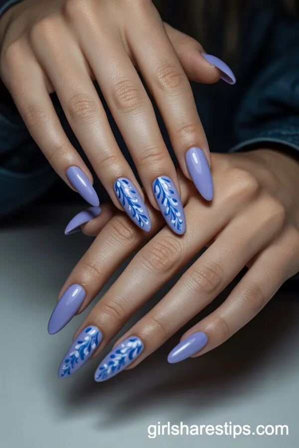 Periwinkle Long Oval Nails with Hand-Painted Blue Wisteria Chains
