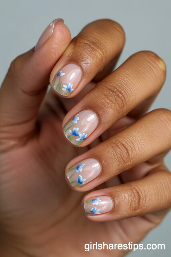 Short Rounded Nails with Clear Polish and Blue Wildflower Tips