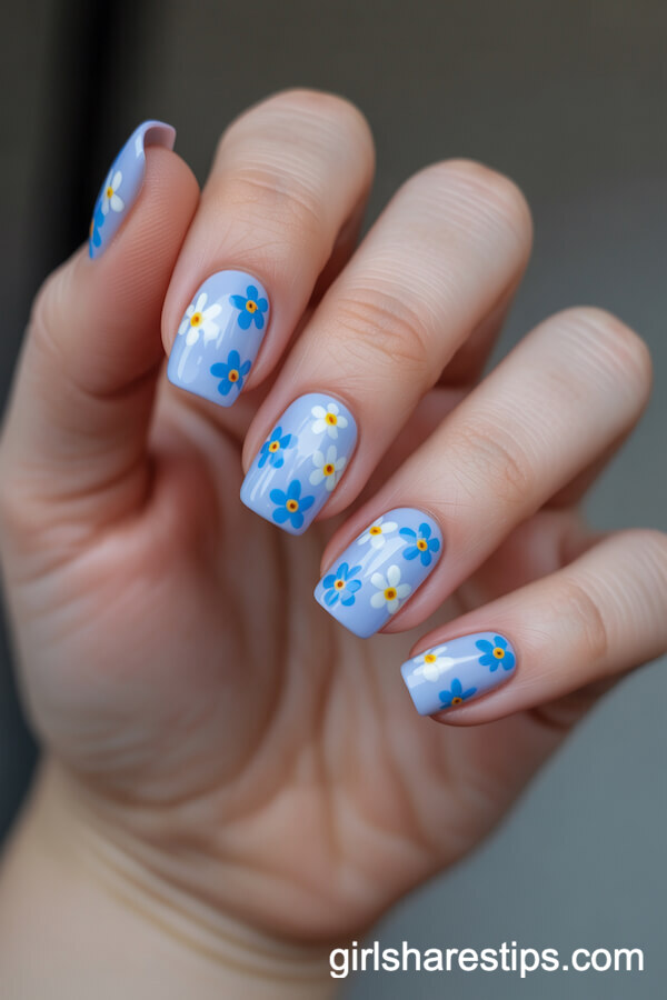 Light Blue Soft Square Nails with Scattered Forget-Me-Not Flowers