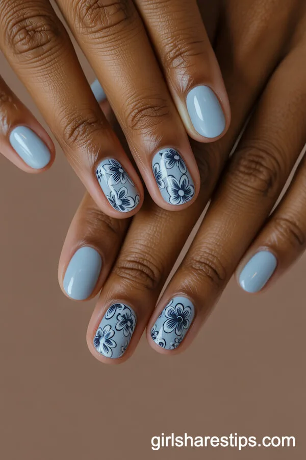 Pale Blue Round Nails with Navy and White Floral Lace Patterns