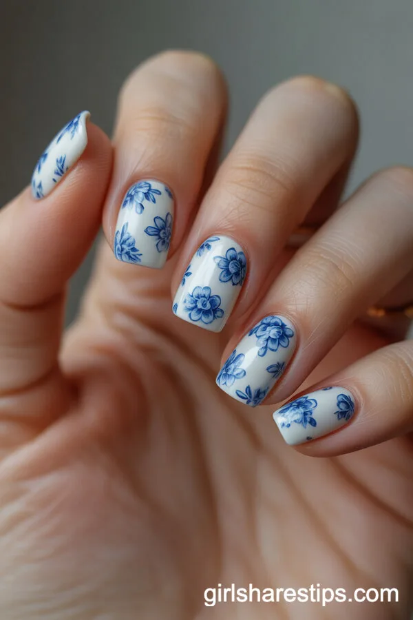 Porcelain Blue Square Nails with Vintage Floral China Designs