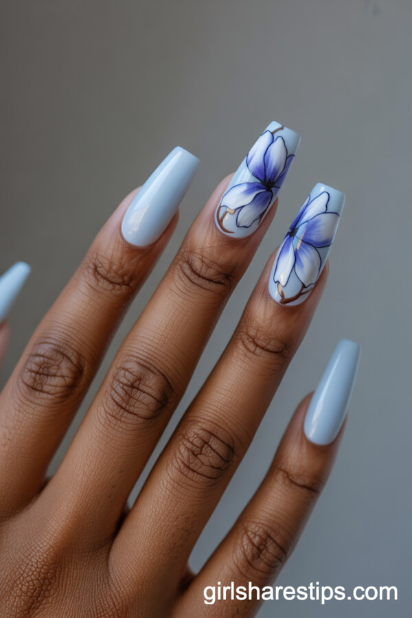 Soft Blue Coffin Nails with Multi-Blue Magnolia Flower Art