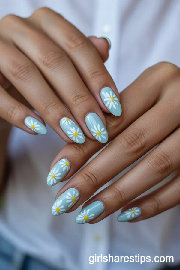 Pastel Blue Almond Nails with Delicate Daisy Flower Accents