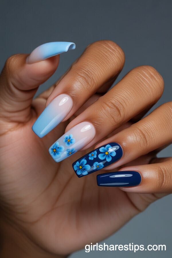 Gradient Baby Blue to Navy Coffin Nails with Blue Poppy Flowers