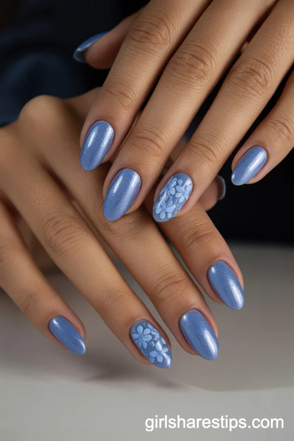 Shimmery Blue Almond Nails with Hydrangea Floral Accents