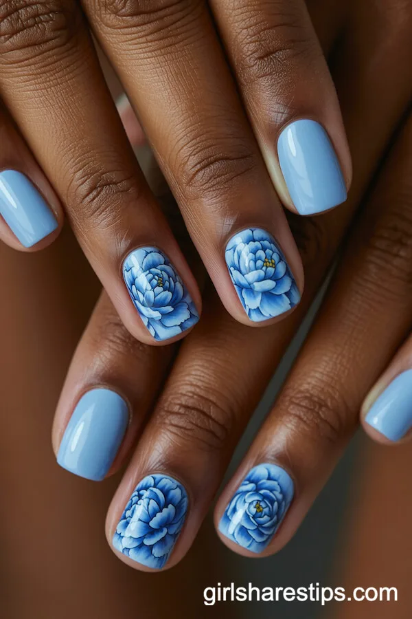 Sky Blue Short Square Nails with Detailed Blue Peonies