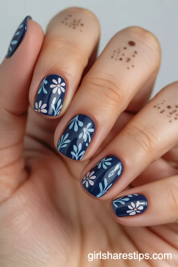 Navy Blue Rounded Nails with Intricate Light Blue Wildflower Motifs
