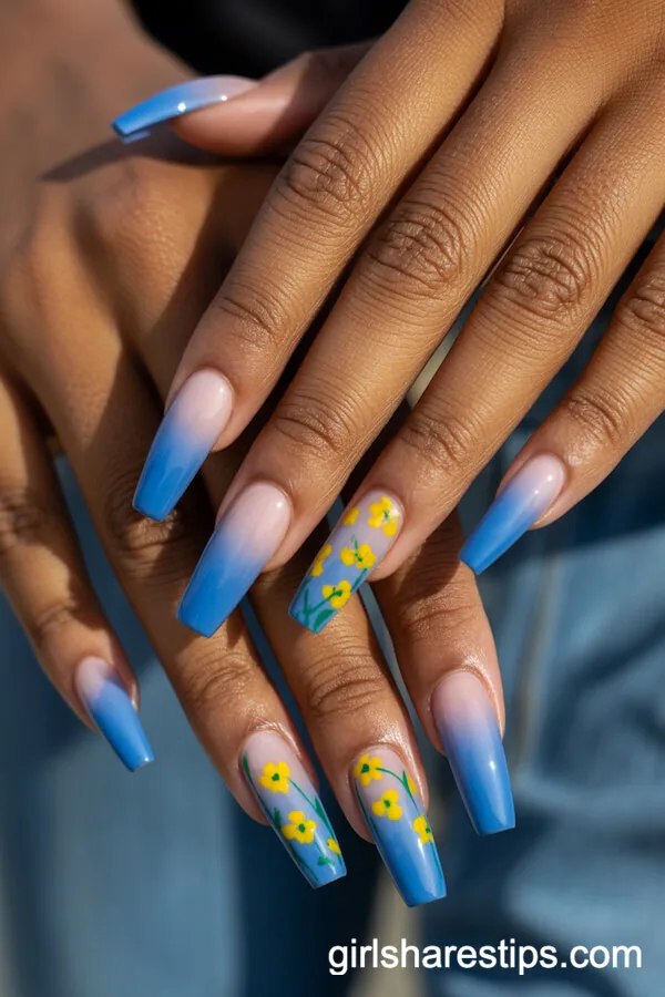 Blue Ombre Coffin Nails with Yellow Buttercup Florals