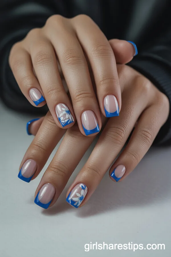 Short Square Nails with Blue French Tips and Boho Floral Accents