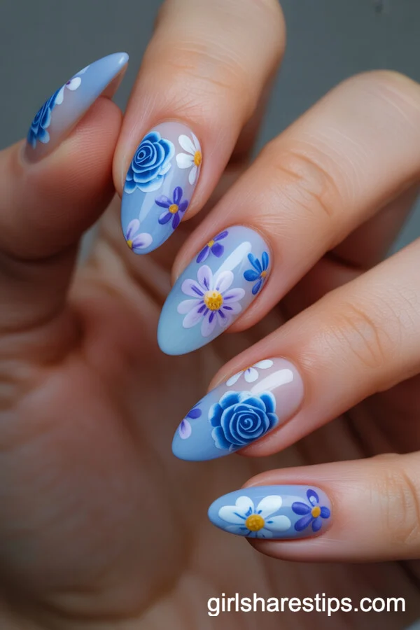 Soft Blue Ombre Almond Nails Covered in Mixed Blue Florals