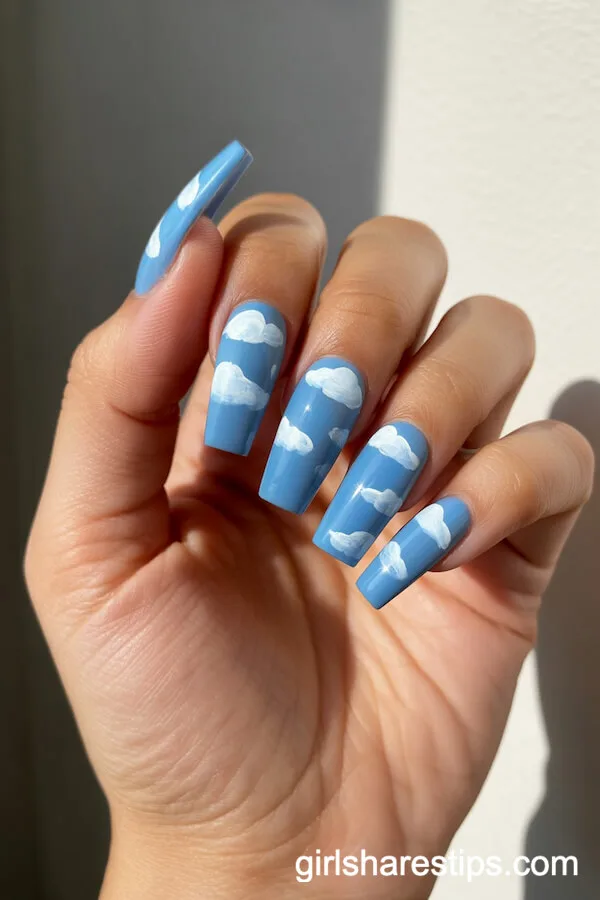 Blue Sky Coffin Nails with White Cloud Art