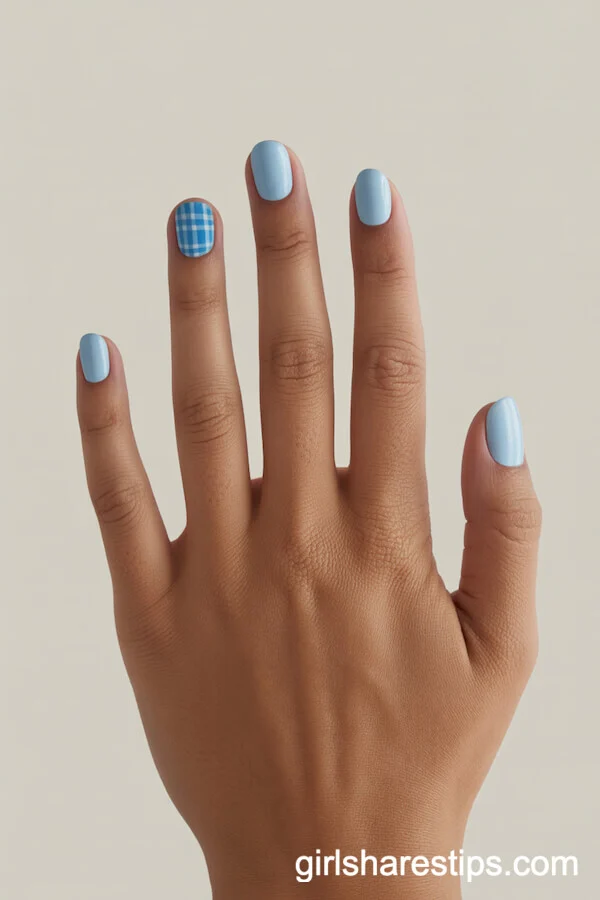 Light Blue Short Nails with Blue Plaid Accent Nail