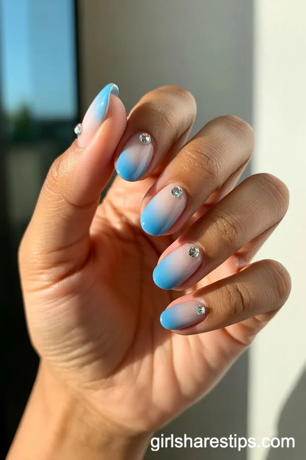 Blue Gradient Ombre Oval Nails with Crystal Gems