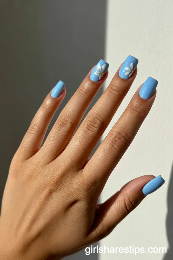 Baby Blue Square Nails with Spring Flower Accents