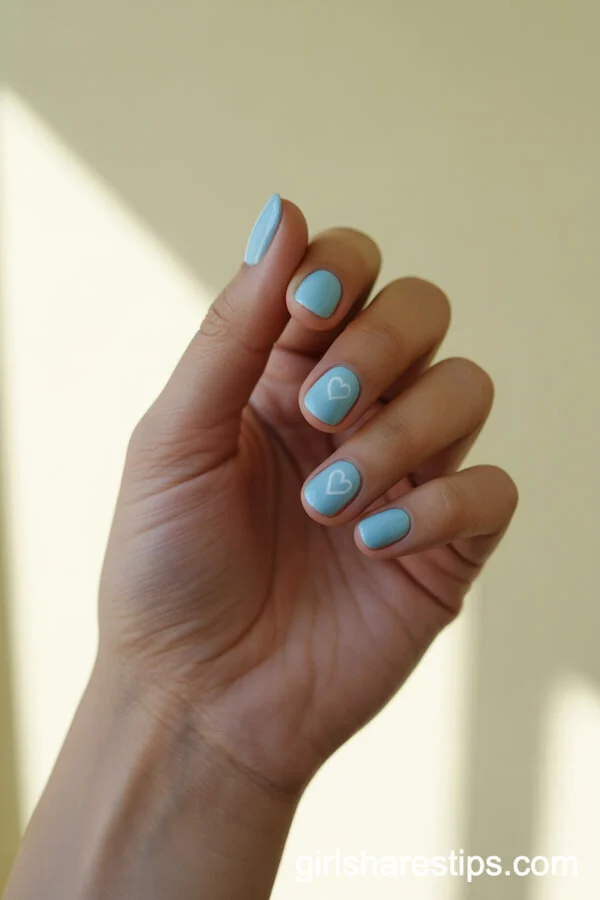 Pastel Blue Short Nails with Cute White Hearts