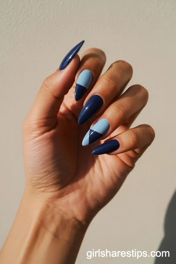 Navy and Light Blue Color Block Stiletto Nails