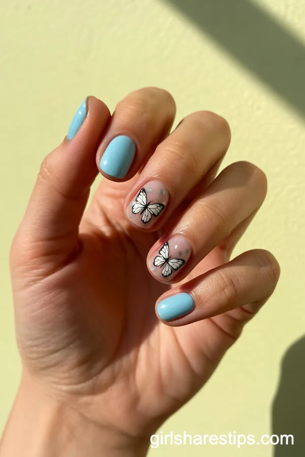 Pastel Blue Short Nails with Butterfly Decals and Glitter