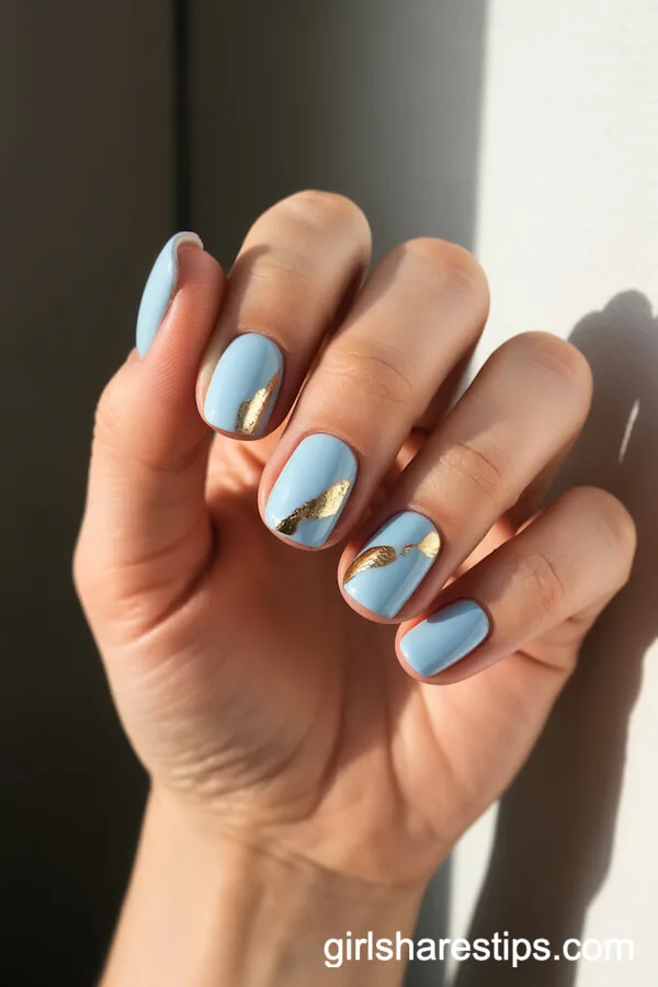 Baby Blue Squoval Nails with Gold Foil Accents