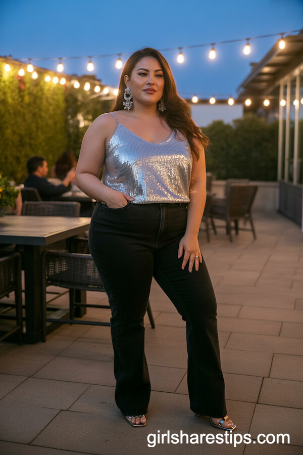 Sequin Cami and Black Bootcut Jeans for Night-Out Glam