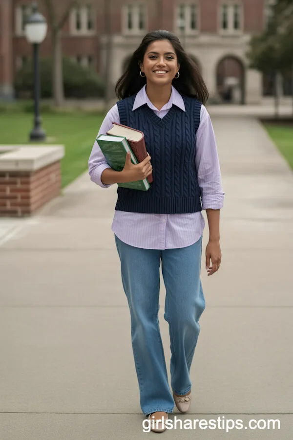 Preppy Vest and Button-Down with Ballet Flats for Campus Style