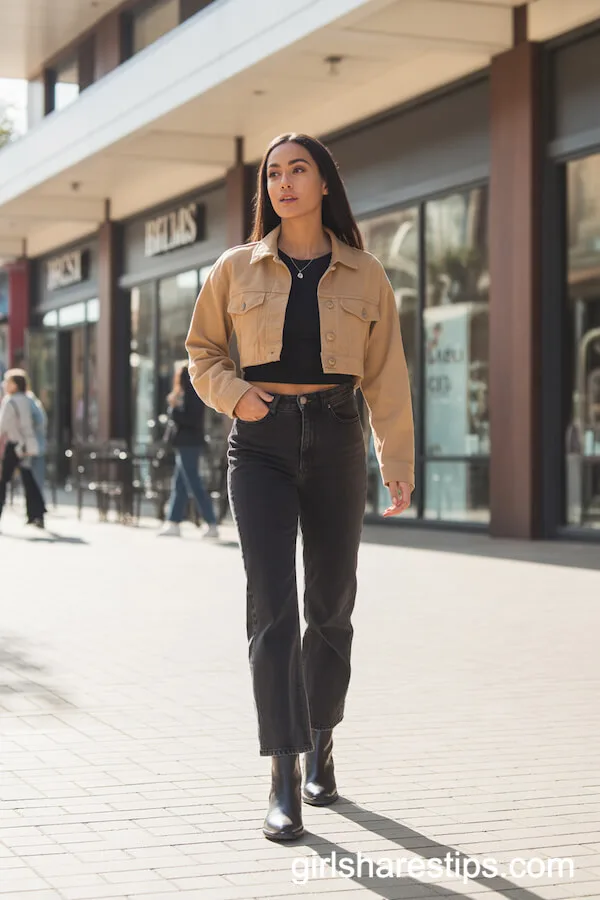Tan Cropped Jacket and Ankle Boots for Modern Casual
