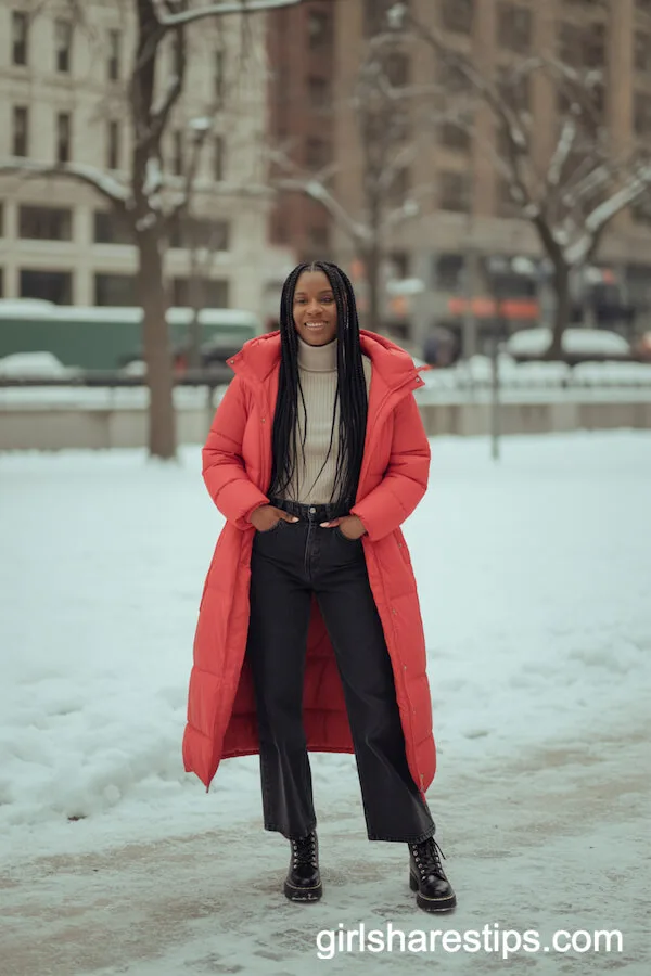 Bright Puffer Coat and Bootcut Jeans for Winter Boldness