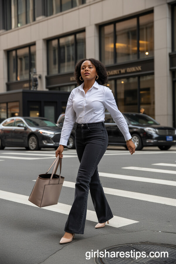 White Button-Up and Dark Bootcut Jeans for Office Elegance