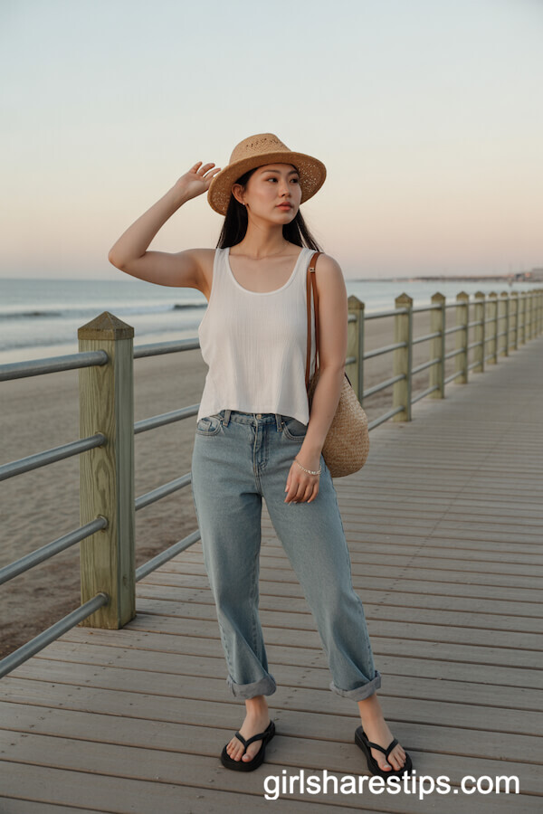 Straw Hat and Cuffed Bootcut Jeans for a Beachy Vibe