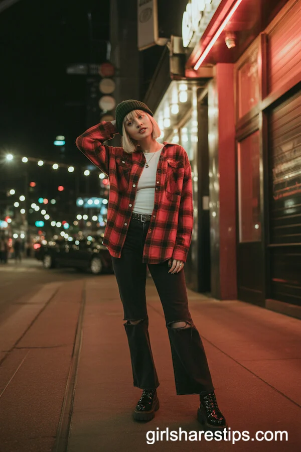 Plaid Flannel and Combat Boots for Edgy Nighttime Style